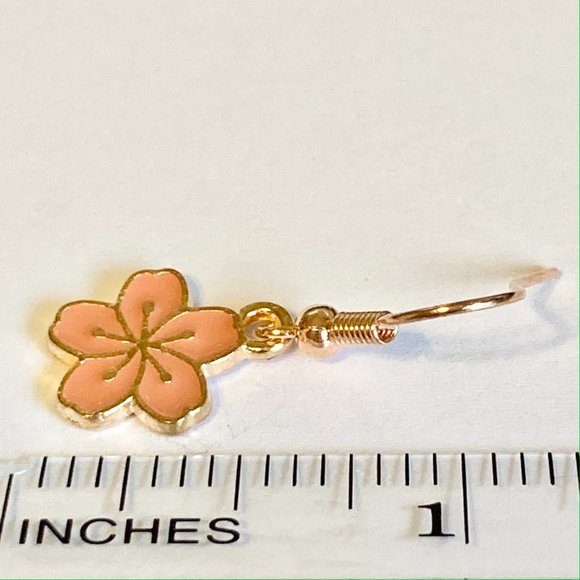 Hibiscus Flower Earrings Rose Gold Plated Enamel Peach Pink Dangle Dainty Island - Picture 12 of 12
